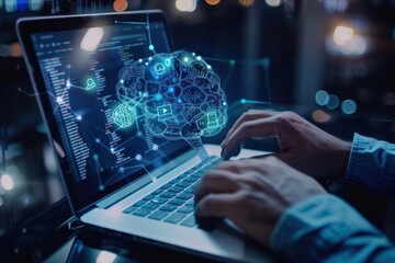 Businessman using laptop to access artificial intelligence, Ai, closeup shot