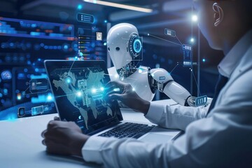 Businessman using laptop to access artificial intelligence, Ai, closeup shot