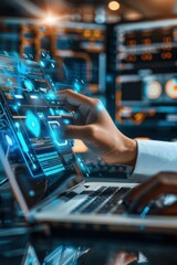 Businessman using laptop to access artificial intelligence, Ai, closeup shot