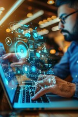 Businessman using laptop to access artificial intelligence, Ai, closeup shot