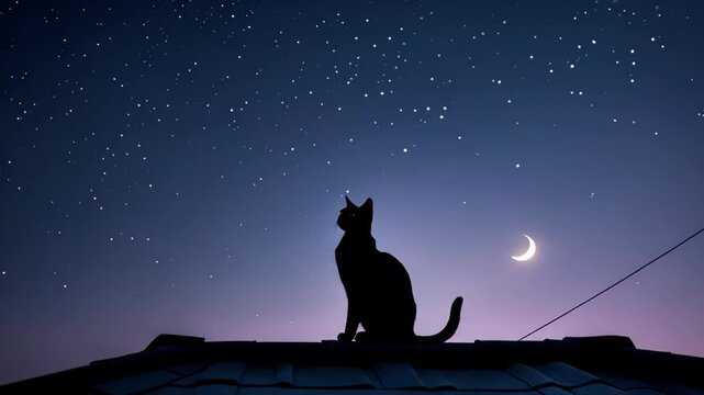 A black cat silhouetted against a starry night sky with the crescent moon.