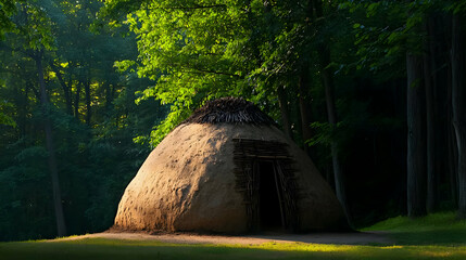 Earthen Hut In Sunlit Forest