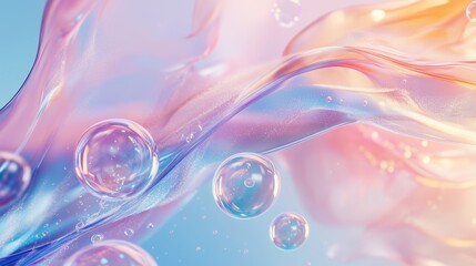 Abstract scene featuring soft pastel-colored waves of translucent, fluid-like forms interwoven with floating soap bubbles. The color palette consists of pink, purple, blue, and gold colors.