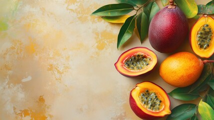 A selection of vibrant passion fruits, both whole and halved, arranged on a beige, textured background with empty space.