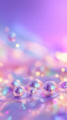 A vertical pastel-colored holographic background featuring floating or resting pearl-like spheres that catch the light in a highly reflective, iridescent way.