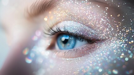 An extreme close-up of a woman blue eye. The skin around the human eye is covered in a dense, sparkling glitter, reflecting a spectrum of colors, including silver, gold, blue, and pink.