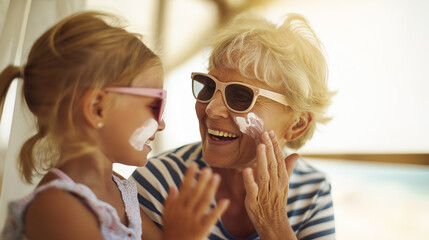 Grandmother applying sunscreen to her granddaughter at the beach. Summer vacation, skin protection, sun care, and loving family moment under bright sunlight by the ocean.