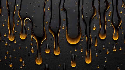 A background featuring dark, glossy drips and droplets of what appears to be a viscous yellow liquid, such as oil or honey, against a matte black textured surface.