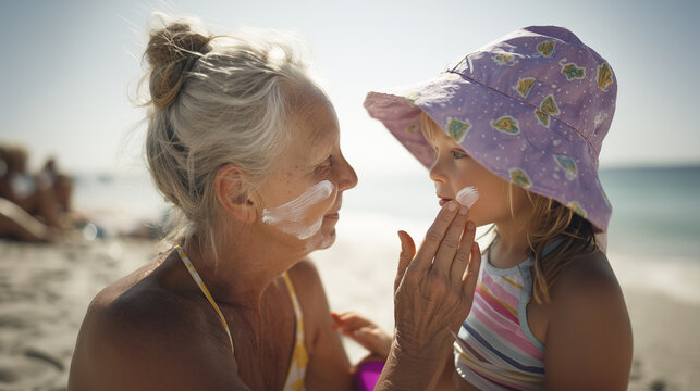 Grandmother applying sunscreen to granddaughter at the beach. Summer sun protection, family bonding, outdoor care, and skincare during vacation time on a sunny seaside day.