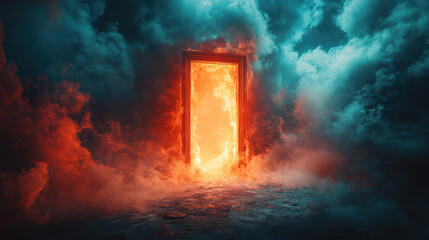 Mysterious door amidst colorful clouds symbolizes transition between realms and invites exploration of the unknown.