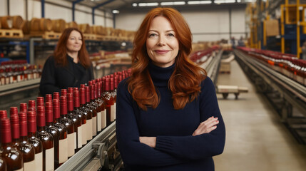 Fototapeta premium Wine factory manager posing with crossed arms near bottling line