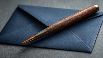Elegant Wooden Pen Resting on a Dark Blue Envelope Premium Stationery and Writing Supplies