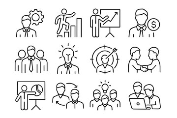 Business Icons: A collection of versatile business icons, perfect for various applications, showcasing a variety of business-related concepts and actions, such as teamwork, presentation.