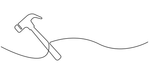 Continuous single one line drawing of hammer construction handyman tool and judge law vector illustration, Hammer one continuous single line art drawing, One line drawing of judge hammer law symbol.