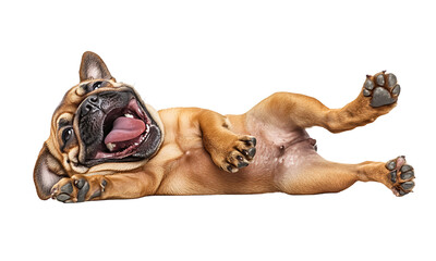 Playful puppy lying on its back against a black background.