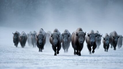 Powerful Bison Herd Charging Through Snowy Plains Under Harsh Winter Conditions - Powered by Adobe