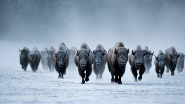 Powerful Bison Herd Charging Through Snowy Plains Under Harsh Winter Conditions