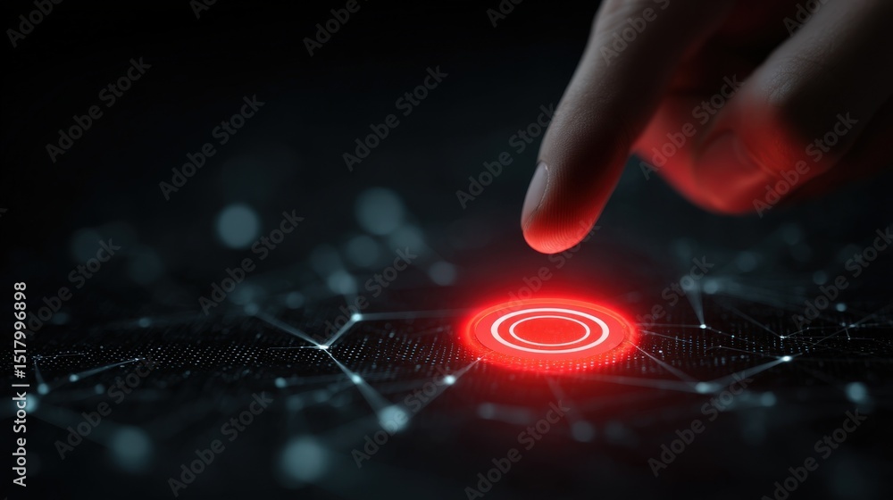 Poster finger about to touch a glowing red digital button on a futuristic technology interface network conn