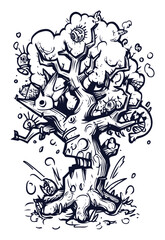 Modern Hand-Drawn Illustration of a Whimsical Tree Character in Black and White