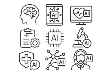 Fototapeta premium AI Healthcare Innovation: A collection of illustrations visualizing the groundbreaking advancements in AI-powered healthcare technology, including medical diagnosis, patient monitoring.