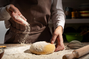 Baking concept. Caucasian female hands throwing flour at the dough.