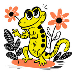 Obraz premium Vibrant Hand-Drawn Illustration of a Cute Yellow Gecko Among Flowers