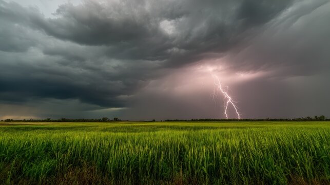 Dramatic Lightning Strike over Lush Green Field under a Dark Stormy Sky