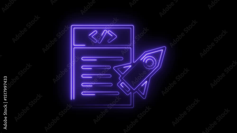 Poster software development startup neon icon design with rocket ship on black background