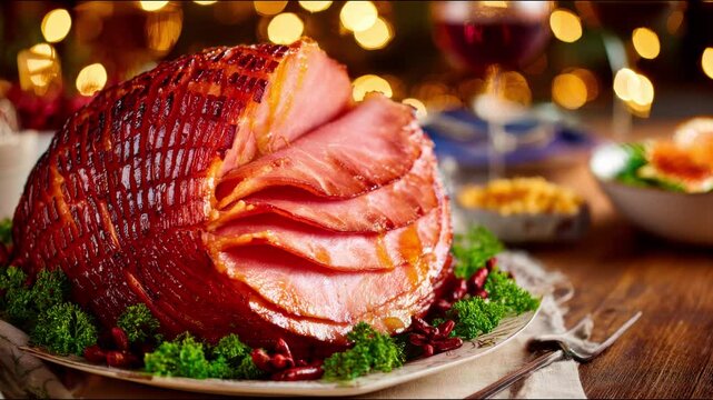 A delicious, beautifully cooked ham on a serving plate ready to be enjoyed.