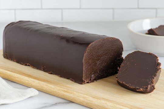 Delicious homemade chocolate fudge log on wooden cutting board in modern kitchen setting