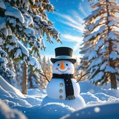 Obraz premium A cheerful snowman with a black top hat and orange carrot nose stands amidst tall pine trees blanketed in snow. Sunlight filters through the branches, enhancing the winter magic