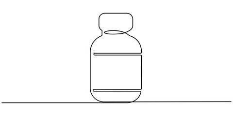 Continuous Line Drawing of Medicine Pills Icon. Hand Drawn Symbol Vector Illustration, Continuous one line drawing jar with pills. Tablets and pills. Bottle of medicine, Continuous one line drawing.