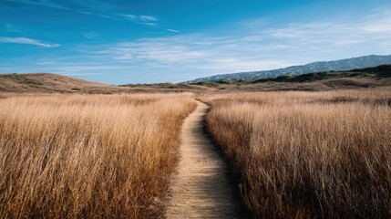 Serene Pathway Through Golden Grassland Under a Vast Blue Sky Peaceful Nature Trail Landscape