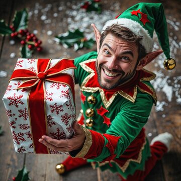 An elf in a vibrant green and red costume joyfully holds out a sparkling Christmas gift. The cozy room is adorned with holiday decorations, creating a cheerful atmosphere