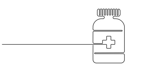Continuous Line Drawing of Medicine Pills Icon. Hand Drawn Symbol Vector Illustration, Continuous one line drawing jar with pills. Tablets and pills. Bottle of medicine, Continuous one line drawing.