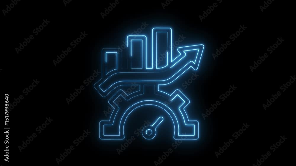 Poster glowing neon graph with gear and arrow on black background shows progress and efficiency