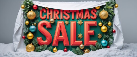 Colorful decorations featuring large letters announce a Christmas sale, adorned with baubles, ribbons, and greenery, creating a cheerful holiday atmosphere