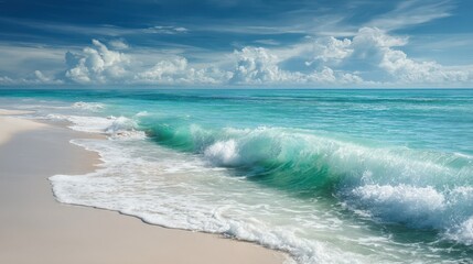 Stunning turquoise ocean waves rolling onto a pristine white sandy beach under a vibrant blue sky with fluffy clouds
