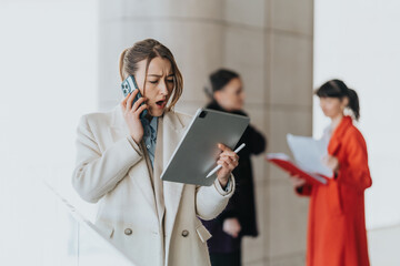 A woman engaged in multitasking with digital devices, depicting the fast-paced nature of modern...