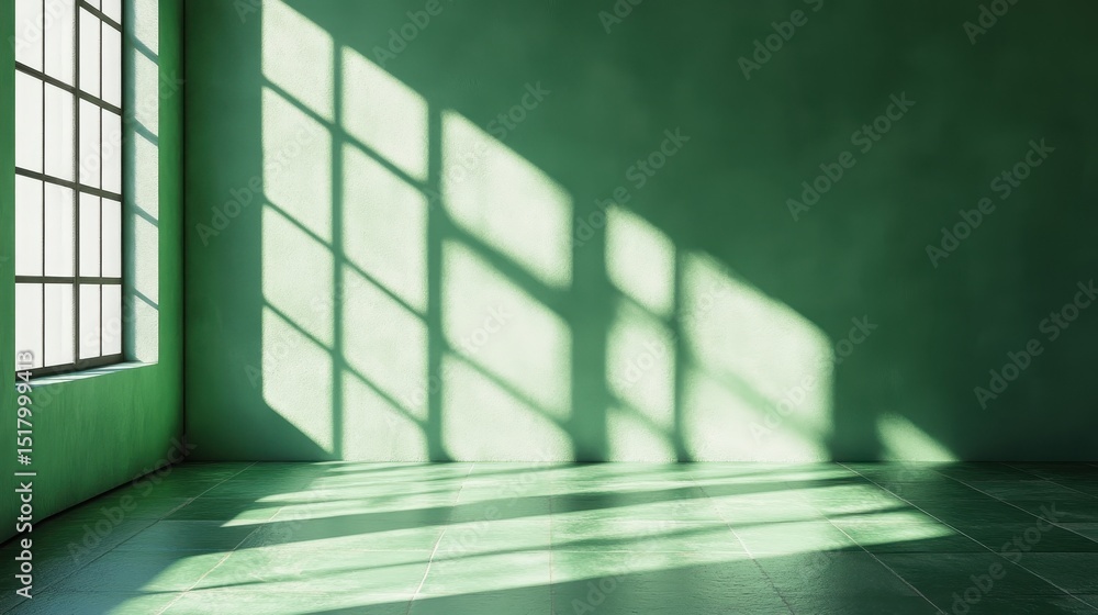 Poster green room featuring window light creating dramatic shadow patterns. this image can convey ideas of 