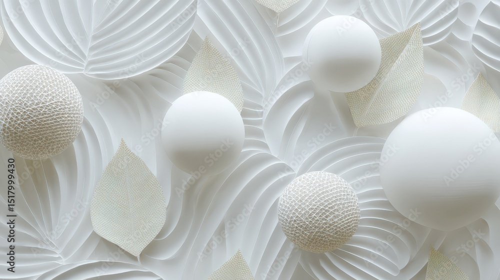 Poster elegant white abstract background with 3d spheres and leaf patterns for modern design