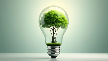 Tree Inside Transparent Lightbulb Symbolizing Green Energy and Innovation