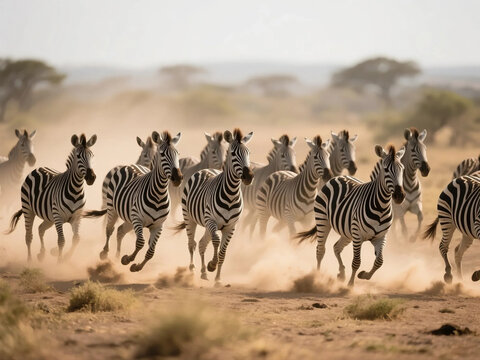 A herd of zebras running in the African savanna at sunrise or sunset, kicking up dust as they go