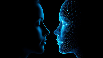 Human face and AI digital head facing each other with glowing blue connections on dark background. Concept of artificial intelligence and technology. Ai generative 