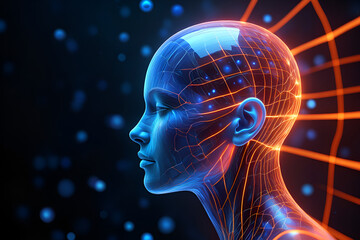 Obraz premium Side profile of futuristic woman head illuminated by glowing network nodes and pathways in dark background artificial intelligence concept