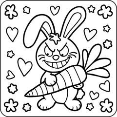 Funny Angry Bunny with Carrot Line Art Coloring Page
