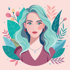 Portrait of a woman with teal hair and floral background