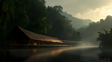 Fototapeta premium Misty Riverbank With Wooden Huts In Tropical Forest At Sunrise