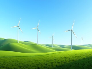 Fototapeta premium Wind Turbines on Green Hills Under Clear Blue Sky, Capturing Clean Energy