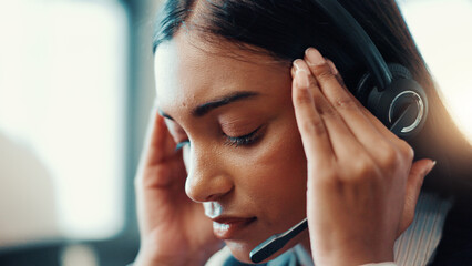 Agent, woman and headache of stress in call center for difficult client, overworked and mistake....